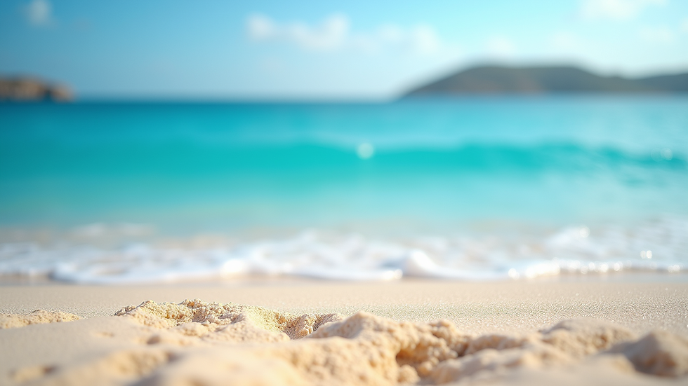 Eye-level view of a serene beach with clear blue waters