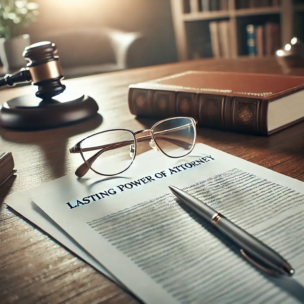 תמונה של משרד משפטי מקצועי, עם תקריב של מסמכים משפטיים, עט ומשקפי קריאה על שולחן עץ, כאשר הרקע מואר בעדינות ויוצר אווירה רגועה ואמינה, המייצגת שירותי ייפוי כוח מתמשך.