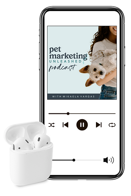 Mockup image of an iPhone promoting the Pet Marketing Unleashed Podcast.