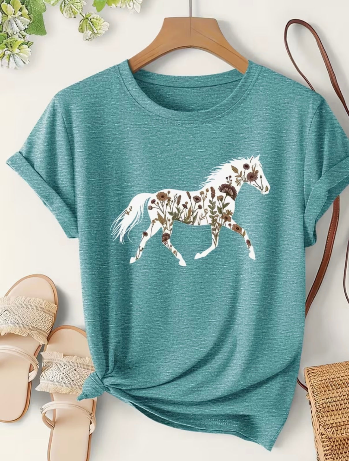 Wildflower Meadow Horse Short Sleeve Tee in Teal