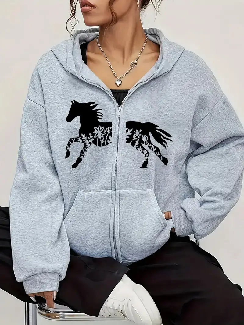 Zip Up Horses and Flowers Hoodie