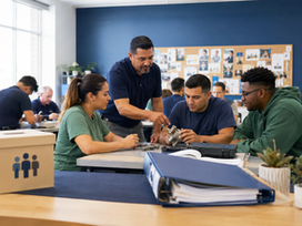 Adult students receiving hands-on career training at a Texas career school considering 501(c)(3) nonprofit status.
