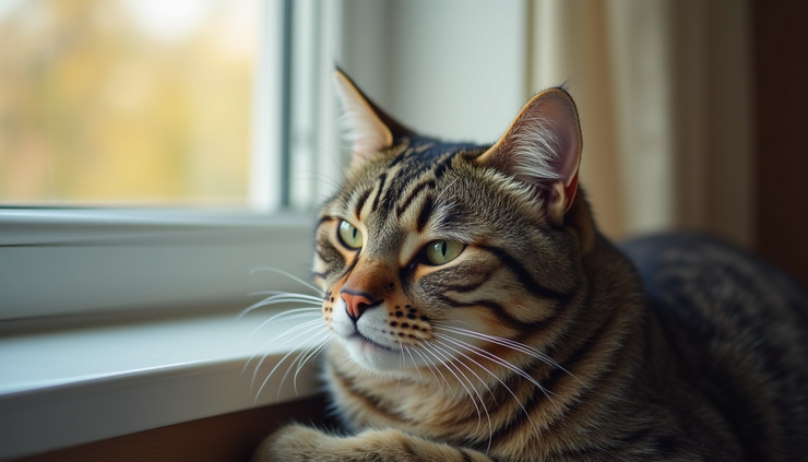 Close-up view of a senior tabby cat resting on a windowsill with soft sunlight highlighting its fur
