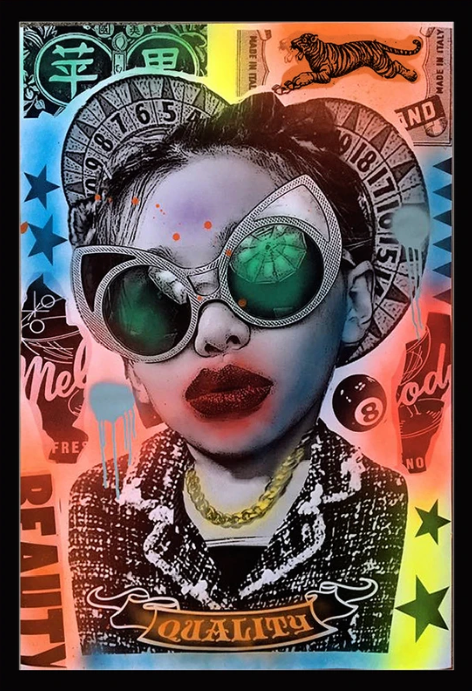 A pop art princess in chanel suit and sunglasses, layered in a billboard style.