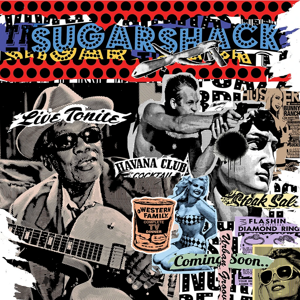 A composition using multi layers of retro images and text, in torn billboard style.