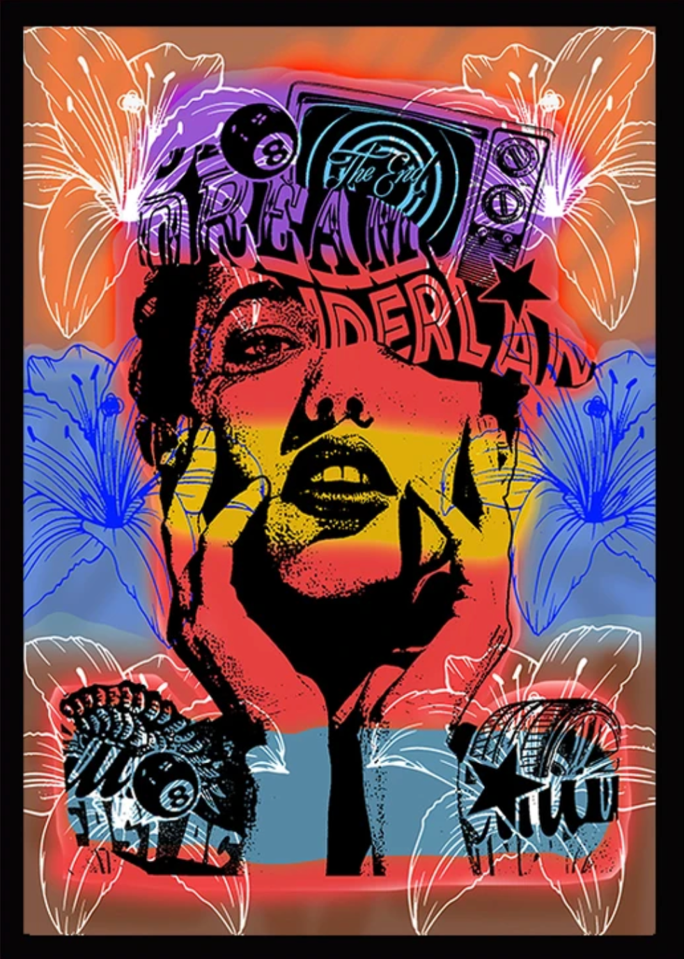 Colourful female portrait with a TV crown and flower overlays.