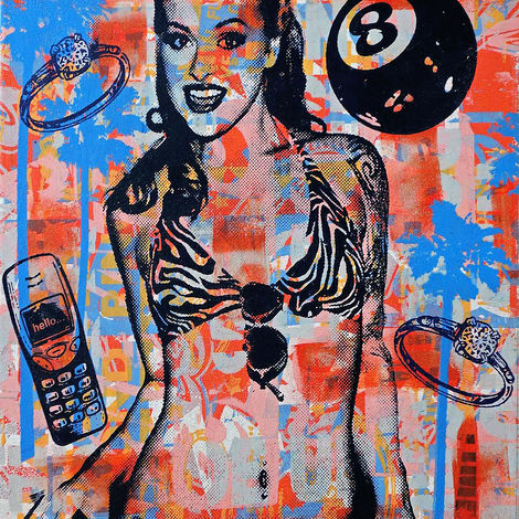 pool, shark, eight ball, pool ball, phone, palm trees, retro, vintage, fantasy, beach babe, bikini girl, pinup girl, fashion, model, pop art, street art, modern, new contemporary art,