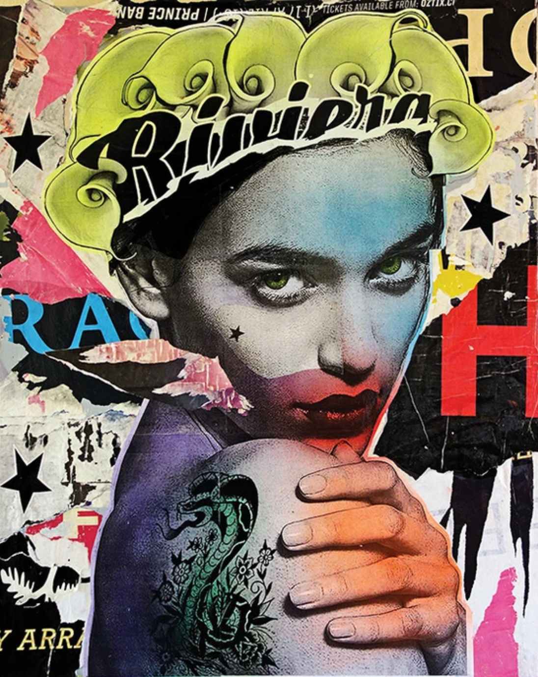 A colourful collaged portrait of a tattooed model on torn billboard backdrop.