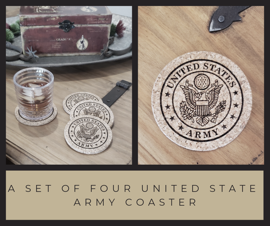 US Amry Cork Coaster, 4" dia. Set of 4