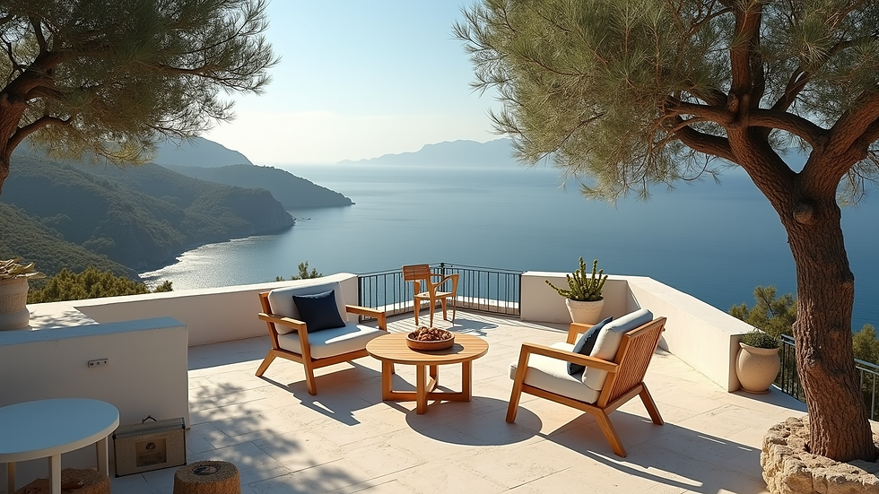 High angle view of a cozy terrace with sea view and olive trees