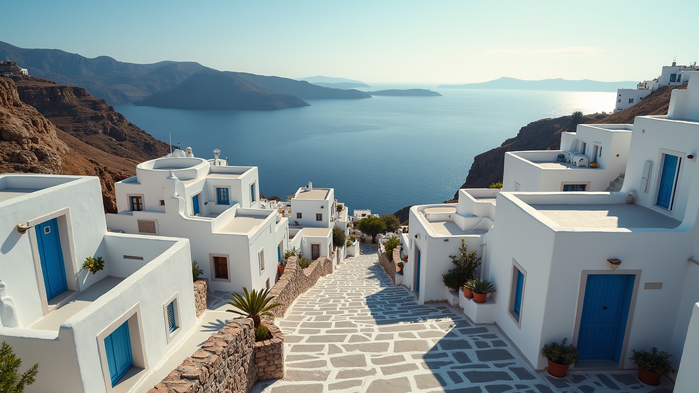 High angle view of a quaint Greek village with white houses and narrow streets