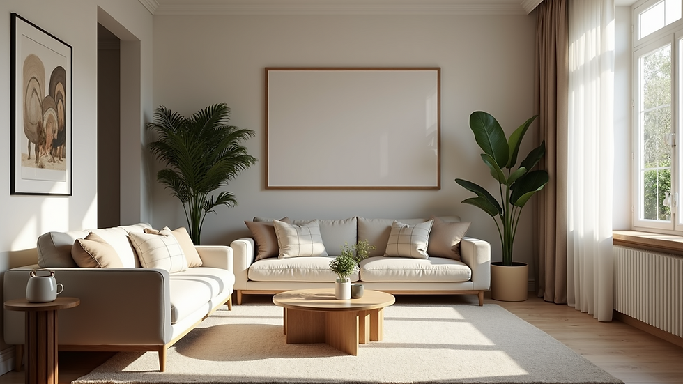 Eye-level view of a modern living room with elegant furniture and natural light