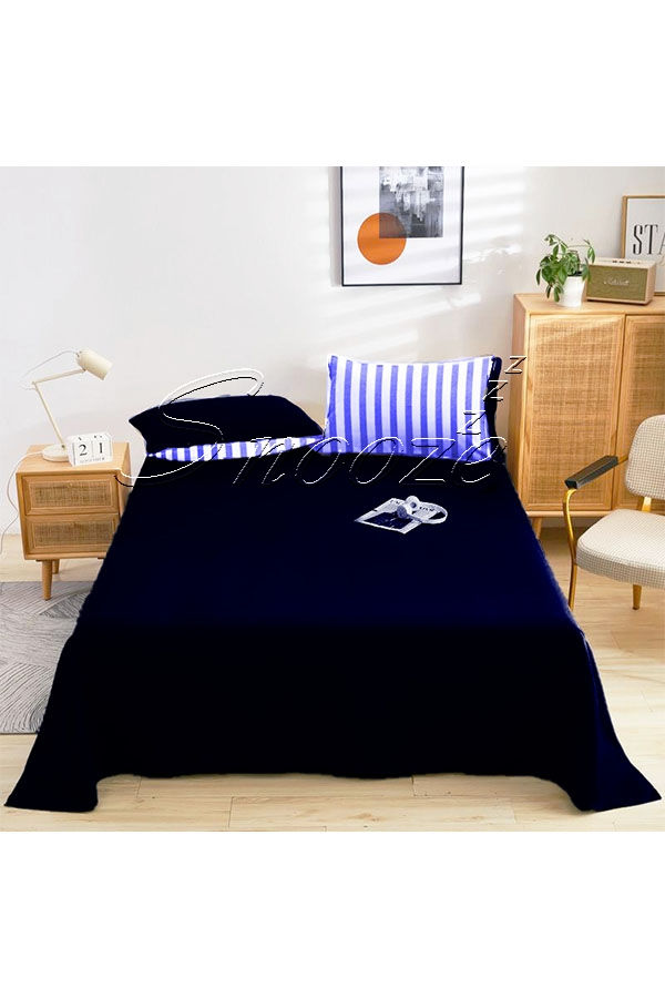 الصورة المصغرة: Snooze, Flat Bed Sheet(Dark blue stripped) طقم ملايات فلات(تصميم دارك بلوسترابيد