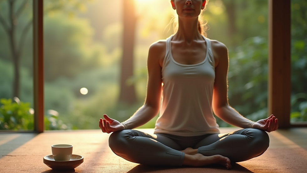 Close-up view of a person practicing deep breathing in a serene environment
