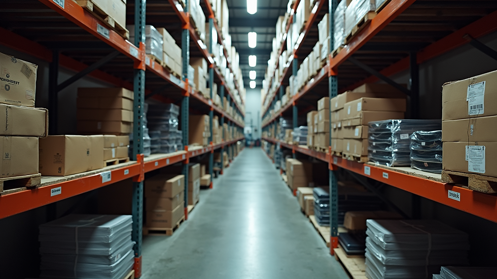 Eye-level view of a warehouse shelf filled with organized Japanese auto parts