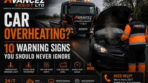 Avancez Assist recovery truck attending a stranded vehicle with an overheating engine and steam coming from under the bonnet, providing professional 24/7 roadside assistance and vehicle recovery.