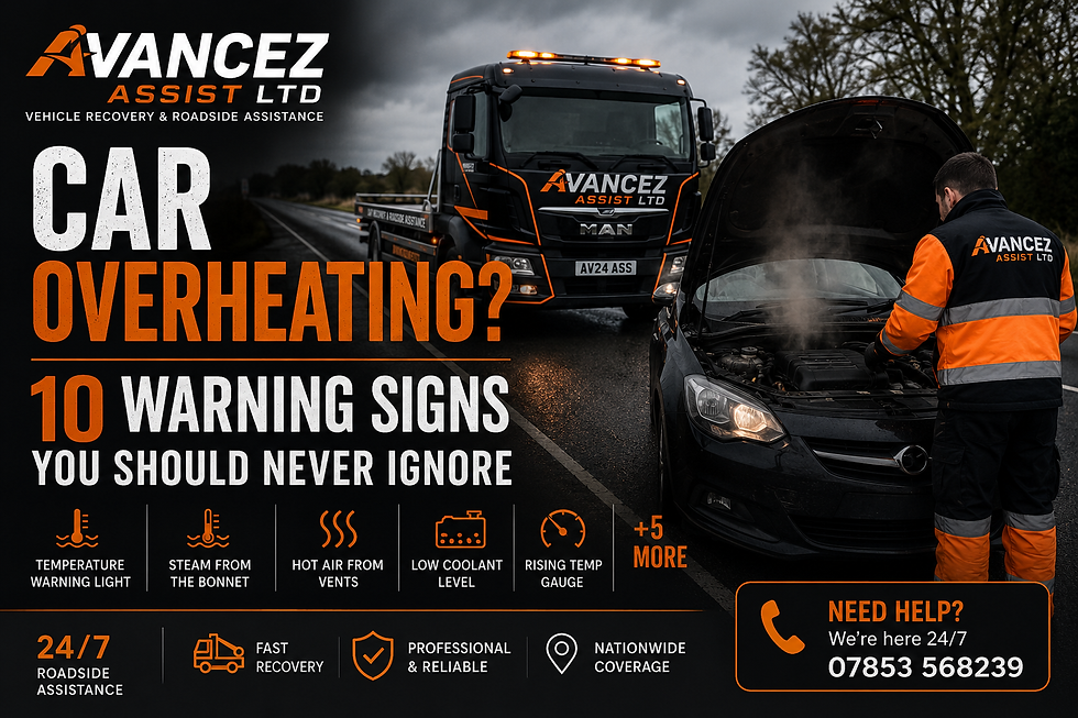 Avancez Assist recovery truck attending a stranded vehicle with an overheating engine and steam coming from under the bonnet, providing professional 24/7 roadside assistance and vehicle recovery.