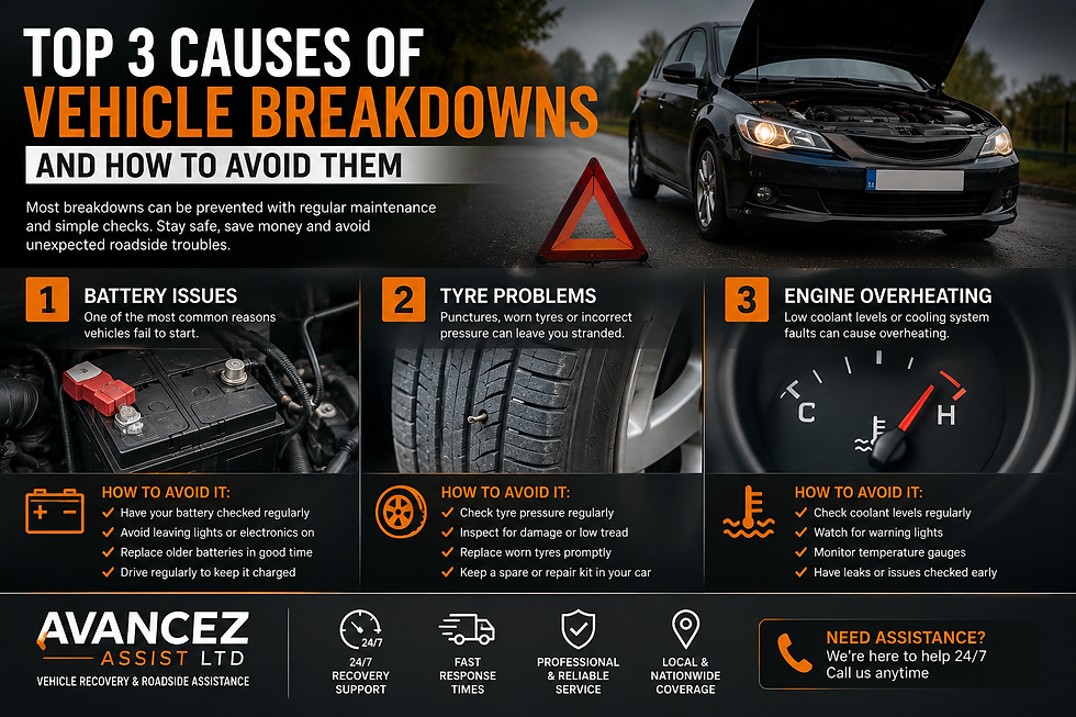 “Infographic showing the top causes of vehicle breakdowns including battery failure, tyre damage, and engine overheating, alongside roadside safety advice and professional vehicle recovery support from Avancez Assist Ltd.”