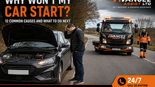 Avancez Assist recovery truck attending a stranded vehicle that won't start, providing professional 24/7 roadside assistance and vehicle recovery.