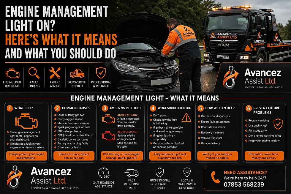 Avancez Assist recovery truck assisting a stranded vehicle displaying an engine management light, providing professional 24/7 roadside assistance and vehicle recovery in the UK.