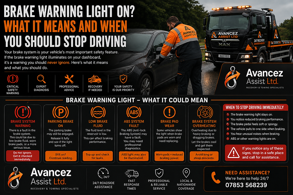 Avancez Assist recovery truck assisting a stranded vehicle with a brake warning light, providing professional 24/7 roadside assistance and vehicle recovery on a UK roadside.