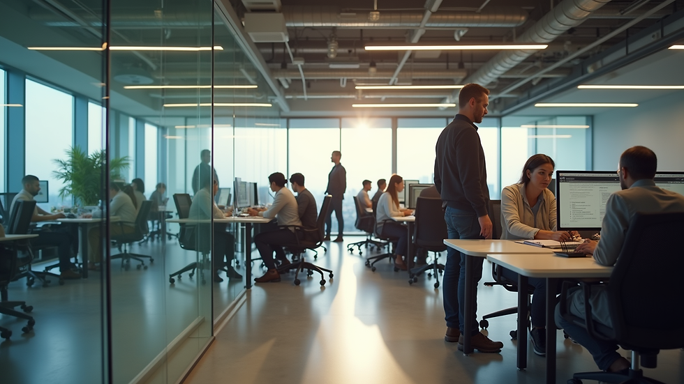 Wide angle view of a modern office with diverse employees collaborating