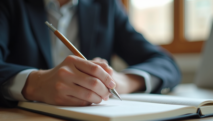 Vue en plongée d’une personne prenant des notes sur un carnet lors d’une séance de réflexion professionnelle