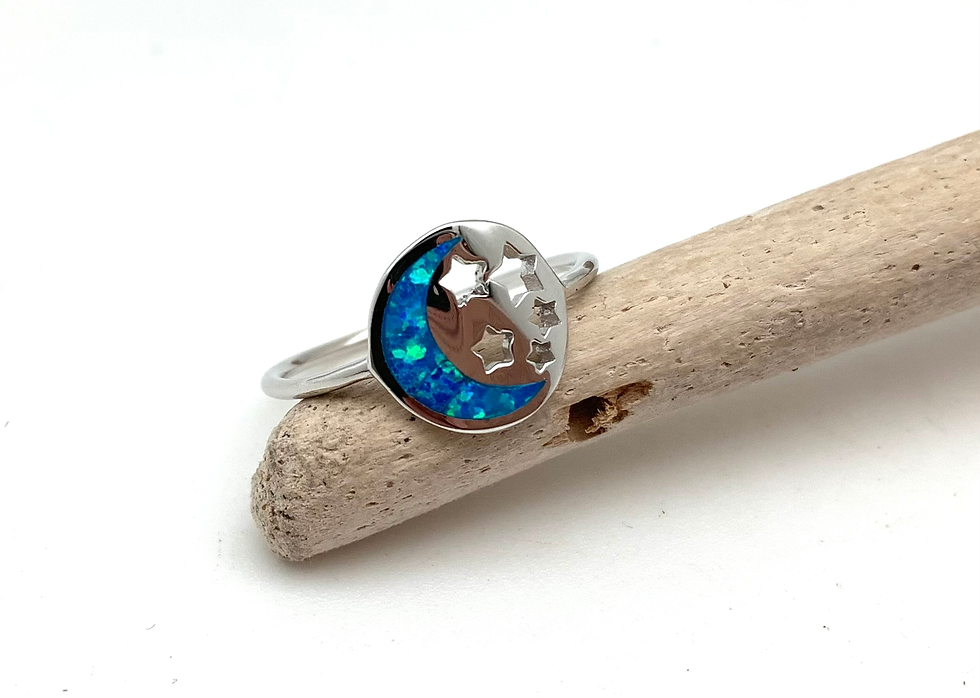 Thumbnail: Sr104 Silver Blue Opal Moon Star Ring 4-10