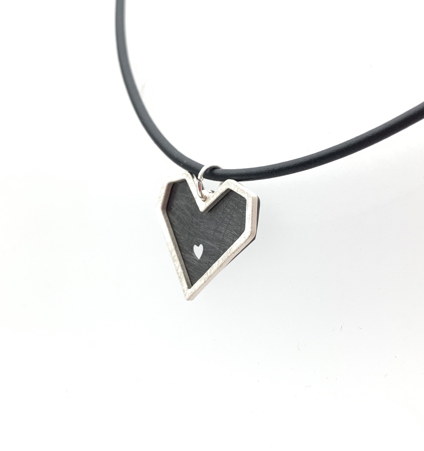 Thumbnail: NS68 Sale $10 Silver and Black Heart Cord Necklace 16" to 18" w/extension