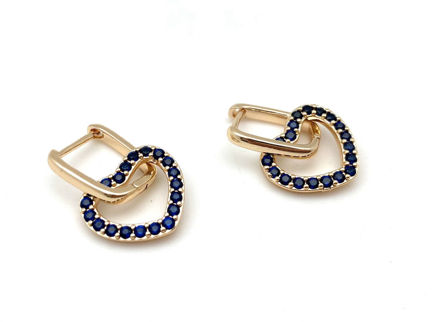 H202 Gold Blue Sapphire Open Heart Earrings