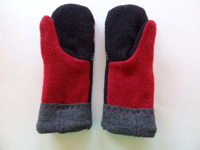 Thumbnail: Women's recycled - repurposed wool mittens: 1 available; black/red/gray
