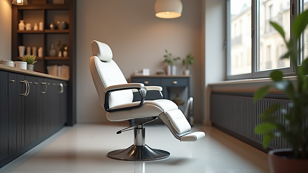 Eye-level view of a modern PMU artist chair in a beauty studio