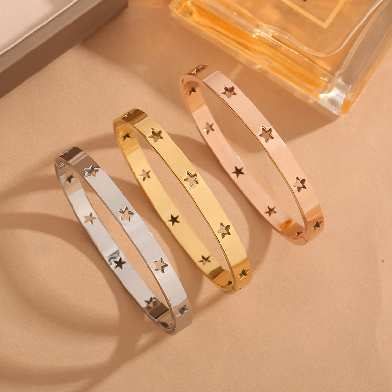 Thumbnail: PVD-Coated 18K Gold-Plated Star Bangle – Hollow-Out Minimalist Stainless