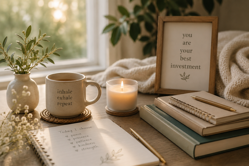 Journaling at a cozy desk with candle and notebook, representing self-guided mindfulness coaching