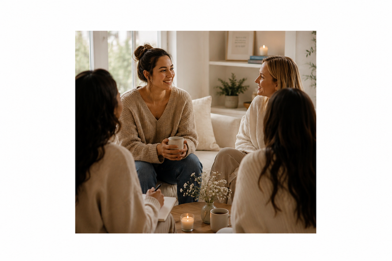 Small group coaching session with individuals connecting in a warm and supportive environment