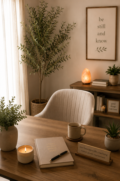 Life coach Kimberly Larson in a warm one-on-one coaching session, creating a calm & supportive space