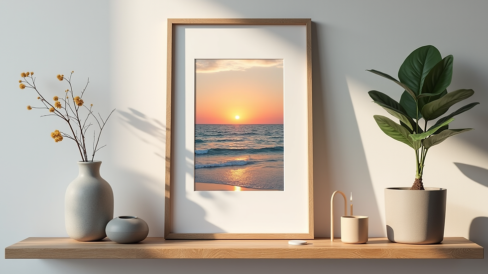 Close-up view of a framed ocean sunset photo on a floating shelf with decorative items