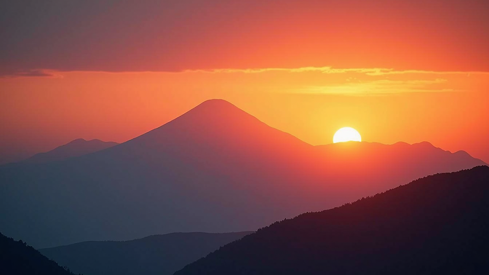Close-up view of a nature photography print showing a vibrant sunset over a mountain range