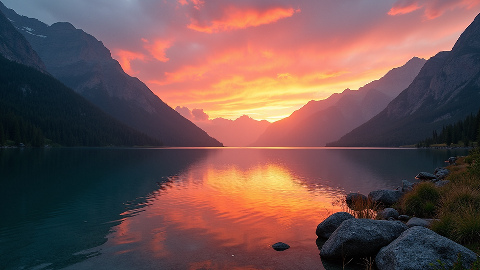 Close-up view of a nature photography art print featuring a vibrant sunset over a mountain lake