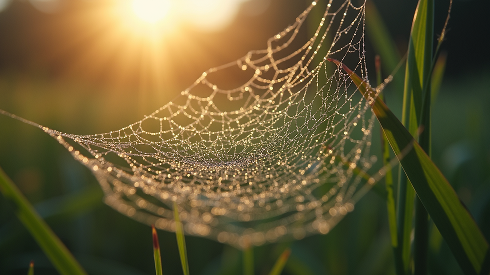 Close-up view of a dew-covered spider web in early morning light