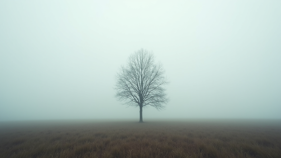 Eye-level view of a single tree standing in a foggy field