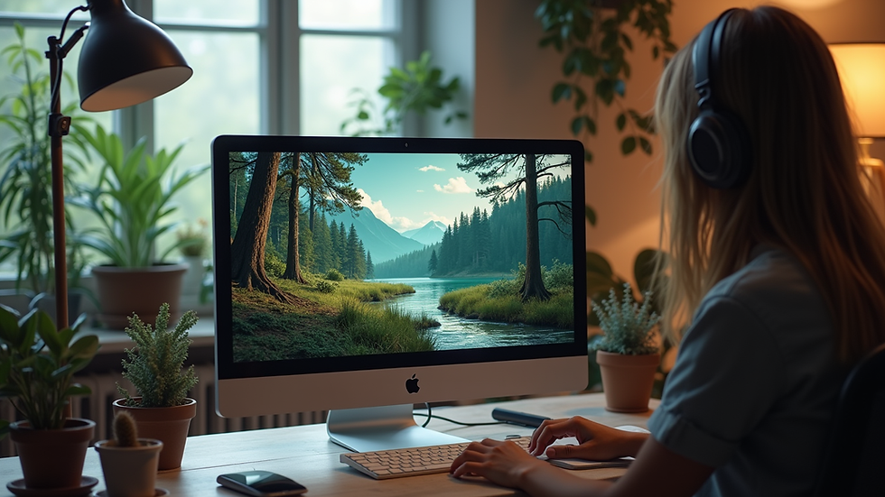 Eye-level view of a digital artist working on a nature landscape on a computer screen