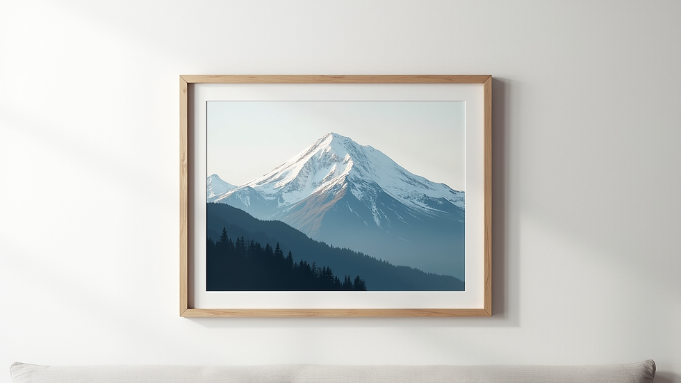 Close-up view of a framed mountain landscape print hanging on a white wall