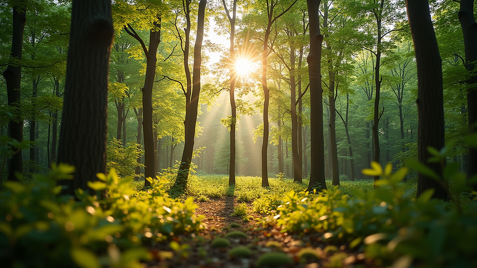 Eye-level view of a vibrant forest landscape with sunlight filtering through trees