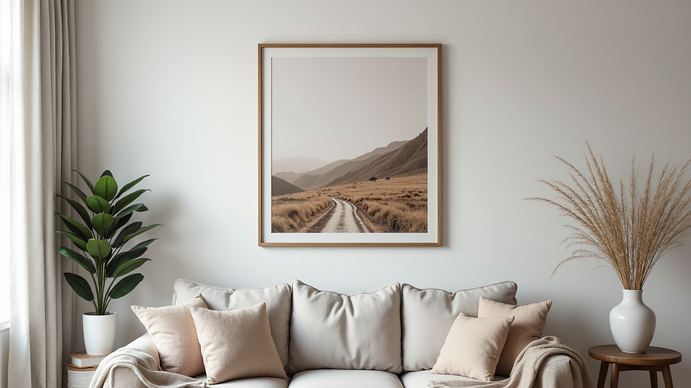 Eye-level view of a framed nature photography print hanging on a living room wall