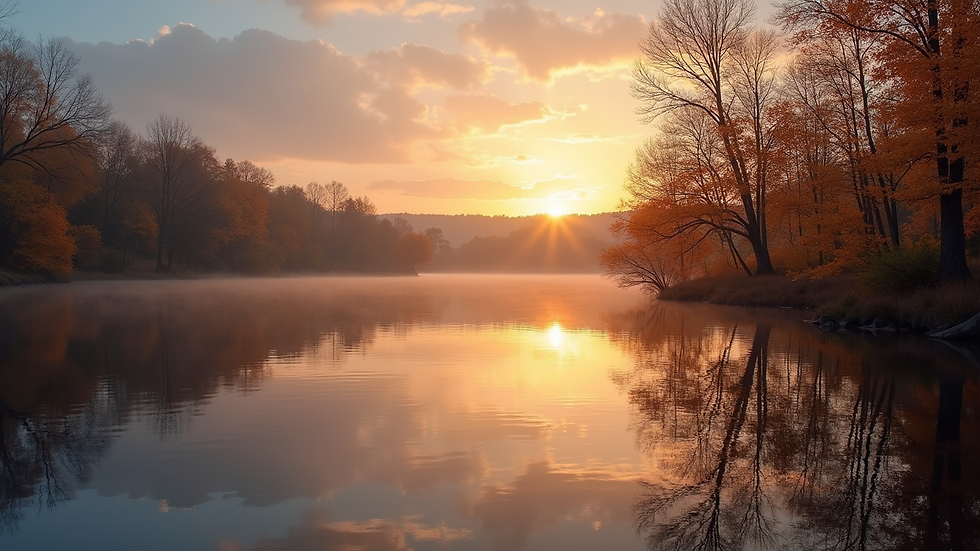 Eye-level view of a serene lake reflecting autumn trees at sunset