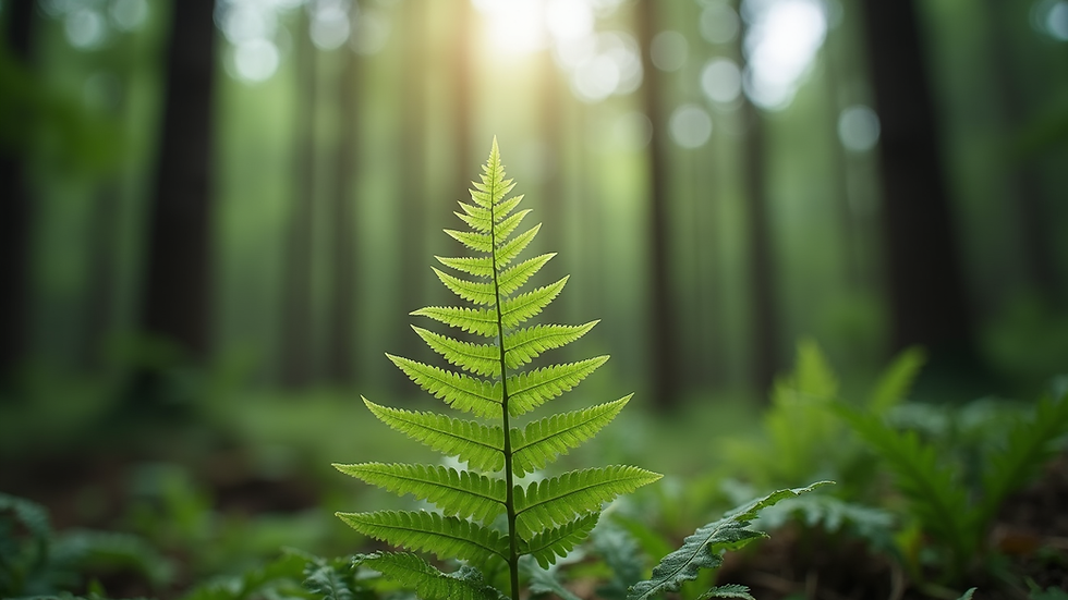 Low angle view of a single fern leaf with blurred tall trees in the background