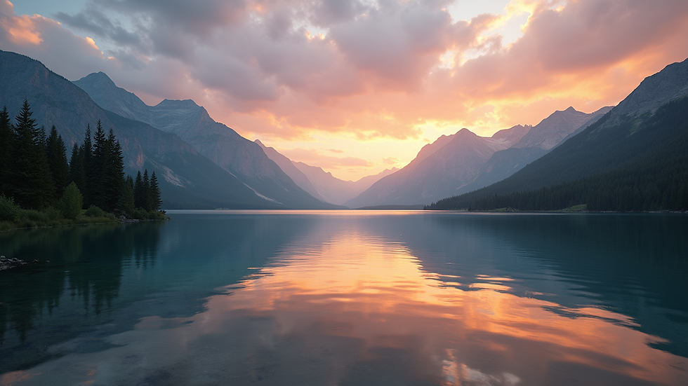 Close-up view of a framed digital nature print featuring a mountain lake at sunset