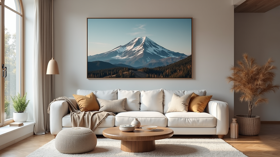 Wide angle view of a cozy living room with a large mountain landscape photo above the sofa