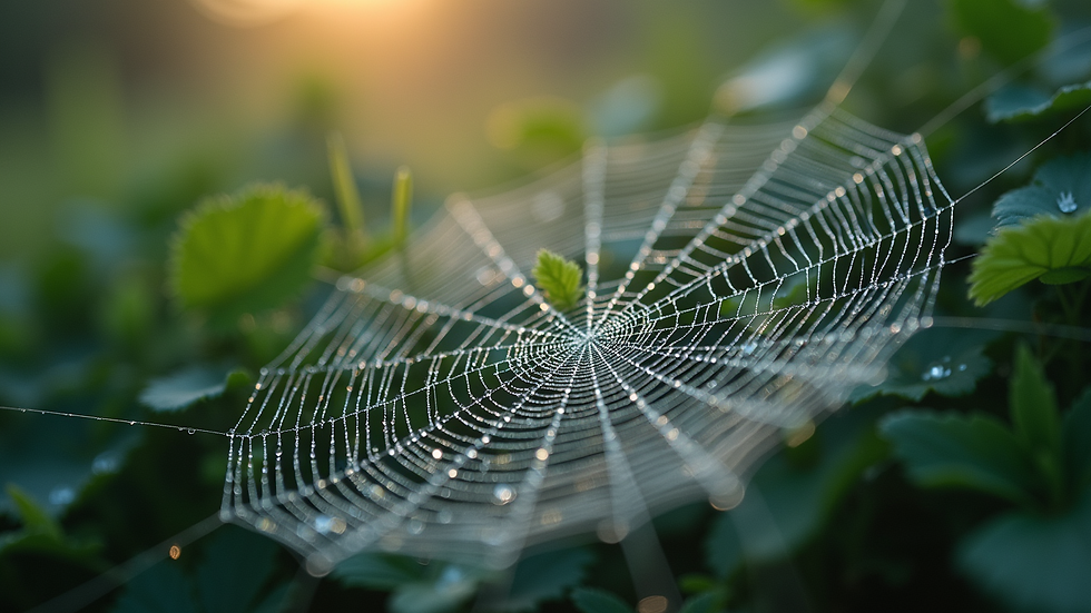 Close-up view of a dew-covered spider web with intricate details